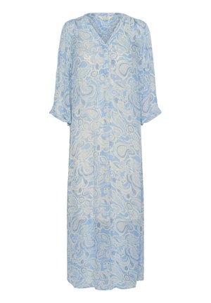 Lange, lichtblauwe kimono met een paisleypatroon, voorzien van 3/4 mouwen, een V-hals en een knoopsluiting aan de voorkant.