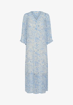 Długi, jasnoniebieski kimono z wzorem paisley, z rękawami 3/4, dekoltem w serek i zapięciem na guziki z przodu.