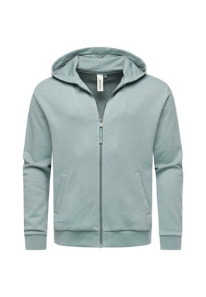 Lichtgroene ritshoodie van zacht materiaal, met een capuchon, voorzakken en geribde mouwen, voorzien van een klein logo op de linksonder.