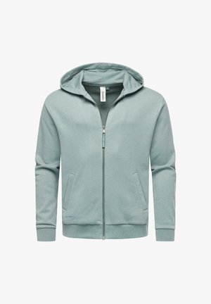 Helle grüne Zip-Hoodie aus weichem Stoff, mit Kapuze, Fronttaschen und gerippten Bündchen sowie einem kleinen Logo auf der linken unteren Seite.