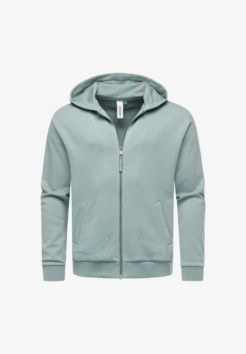 Felpa zip verde chiaro realizzata in tessuto morbido, dotata di cappuccio, tasche frontali e polsini a coste con un piccolo logo sul lato sinistro in basso.