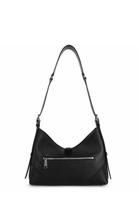 Borsa a tracolla in pelle nera con forma curvata, dotata di una tasca frontale con zip, texture liscia e una sottile tracolla. Accenti di design angolato.