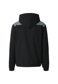 Fekete kapucnis dzseki világosszürke vállaccentrummal. Rugalmas mandzsetták és laza szabás jellemzi. Simára, matt anyagtextúra.