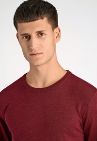 Bordowy sweter z dzianiny z okrągłym dekoltem i prążkowanymi mankietami. Dyskretny haftowany logo na piersi. Miękka tekstura i dopasowany krój.