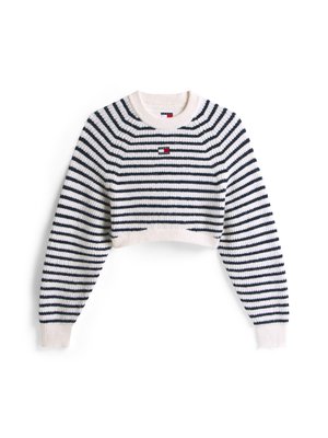 Pull court à rayures horizontales bleu marine et blanches, texture côtelée et encolure ronde. Présente un petit logo de la marque sur la poitrine.