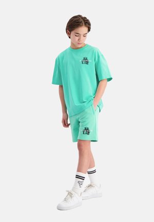 Mintgroene katoenen t-shirt en short set, met een grafische print op de borst en de shorts, gecombineerd met witte sneakers en gestreepte sokken.