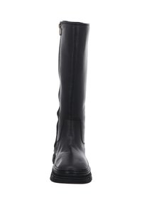 Black leather knee-high boot with a smooth texture, side zipper, and sturdy rubber sole, featuring minimalist design and no visible patterns.