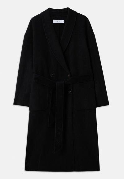 Must värviline villane mantel shawl-kraega, topeltkinnine disain, kaks esist taskut ja ise siduv vöö. Sile tekstuur ja kaasaegne lõige.