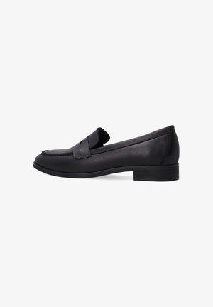 Black leather loafer with a low block heel, featuring a front penny strap and smooth, polished texture. Ergonomic design for comfort.
