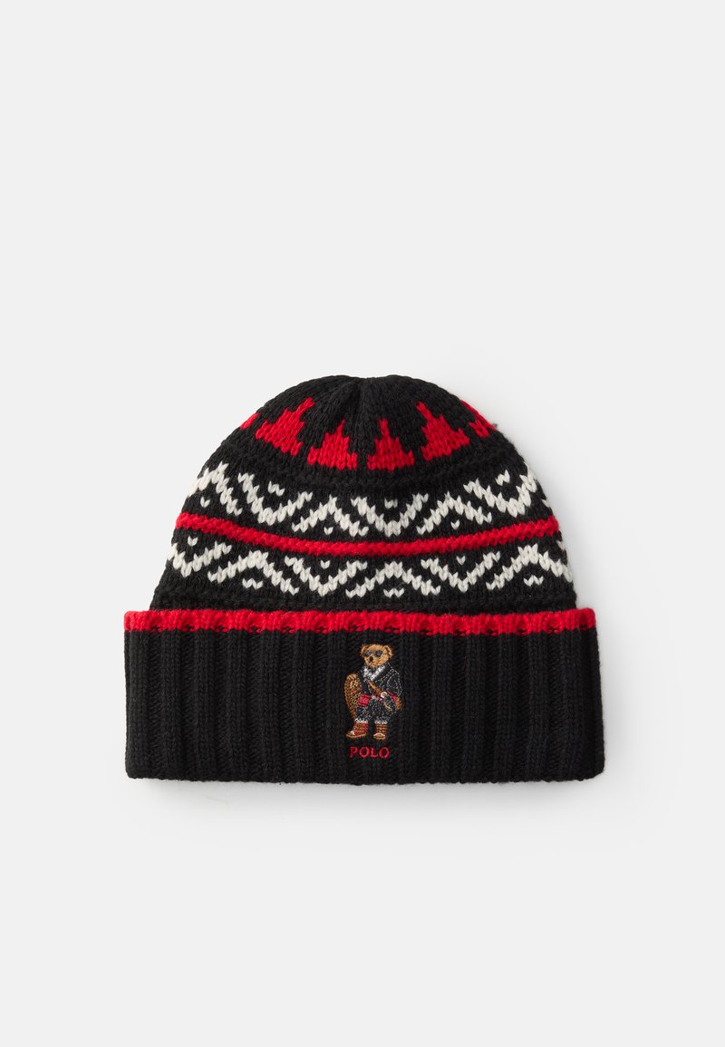 Schwarze Strickmütze mit rot-weißen Mustern, ausgestattet mit einem gerippten Bündchen und einem gestickten Design eines Charakters in einem Mantel.