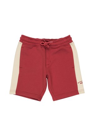 Czerwone bawełniane szorty z beżowymi bocznymi panelami i przednimi kieszeniami, wyposażone w ściągacz w pasie i małe logo na prawej nogawce.