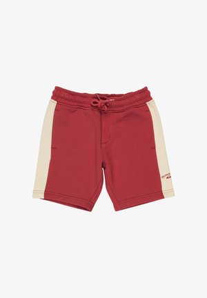 Rote Baumwollshorts mit beigen Seitenpartien und Vordertaschen, ausgestattet mit einem Kordelzug in der Taille und einem kleinen Logo am rechten Bein.
