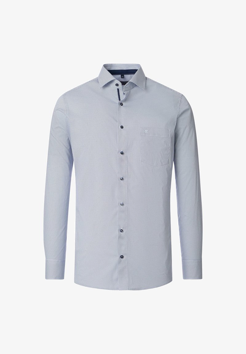 Long-sleeve button-up shirt in light blue with a micro-pattern, featuring a pointed collar, navy buttons, and a chest pocket.