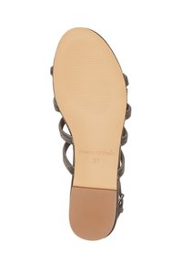Semelle de sandale avec semelle beige clair, petit talon et nom de la marque "Marc O'Polo" avec la taille 37 imprimée au centre.