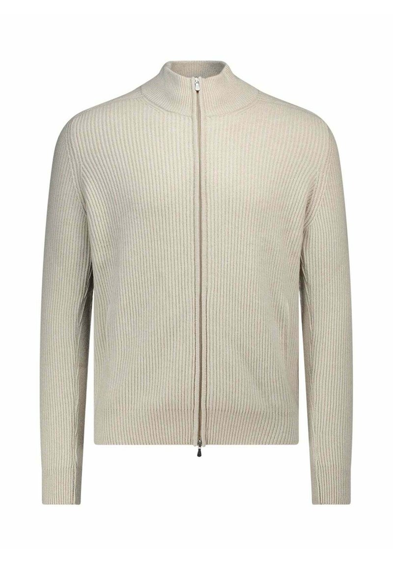 Maglione beige a coste con zip, colletto alto e maniche lunghe. Presenta una zip frontale completa e un tessuto testurizzato per il calore.