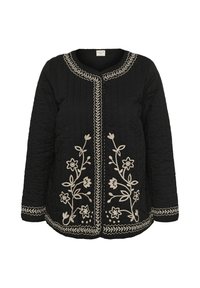 Veste matelassée noire avec broderie florale blanche sur le devant, le col, les poignets et l'ourlet, avec un col rond et des manches longues.