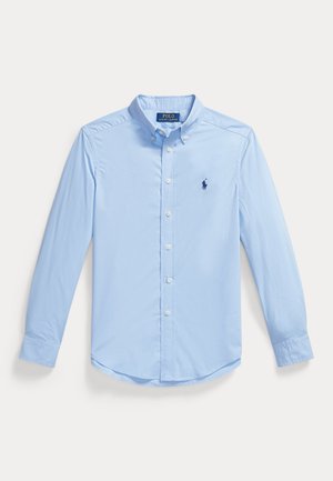 Lichtblauw overhemd met lange mouwen, knopen, kraag en klein geborduurd Polo Ralph Lauren-logo op de borst.