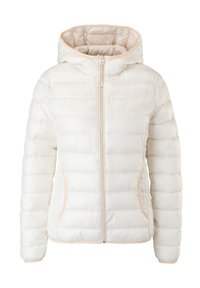 Hvid puffjakke med hætte, der har et quiltet design og beige detaljer langs lynlåsen og lommerne. Let og isoleret.