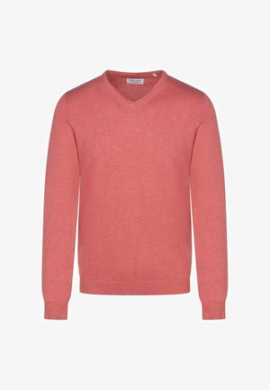 Pull pour homme à manches longues et col en V, de couleur rose doux, avec poignets et ourlet côtelés, arborant un logo brodé subtil sur la poitrine.