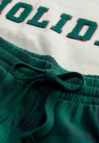 Grafisk t-shirt i ljusgrå bomull med broderad grön och röd text, tillsammans med gröna rutiga shorts med dragsko i midjan.