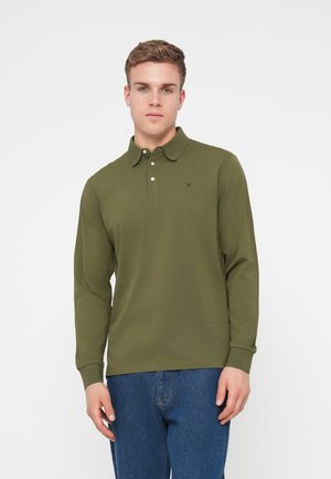 Long-sleeve, olive green polo shirt in soft fabric with a button collar, featuring a small logo on the left chest and ribbed cuffs.