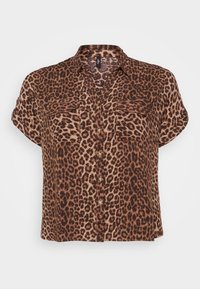 Leopard-print short-sleeve blouse in brown and tan, featuring two chest pockets, a button front, and a relaxed fit.