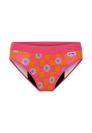 Bas de bikini à carreaux roses et oranges avec un motif floral. Doté d'une ceinture lisse et d'accents de doublure noire.