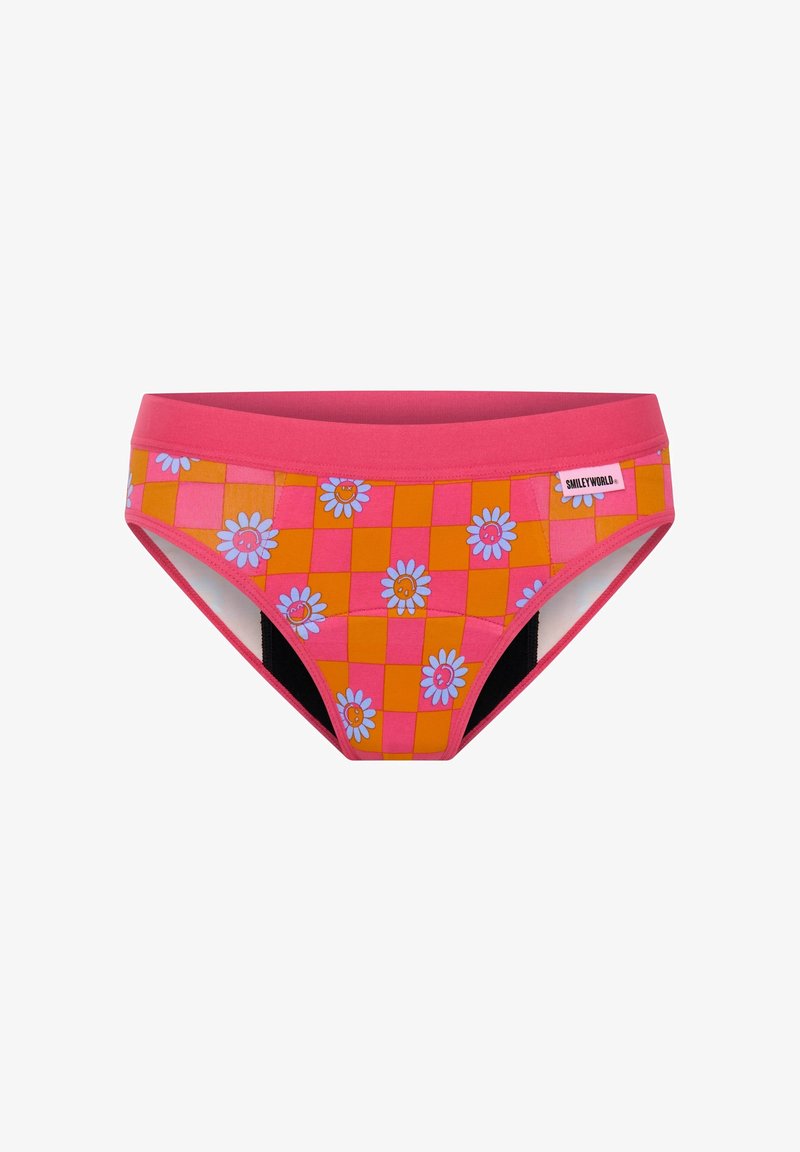 Bas de bikini à carreaux roses et oranges avec un motif floral. Doté d'une ceinture lisse et d'accents de doublure noire.