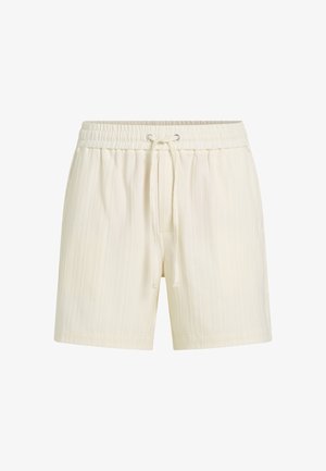 Krēmkrāsas šorti ar reljefu, vertikālu svītru rakstu, elastīgu vidukļa jostu un regulējamu auklu.
