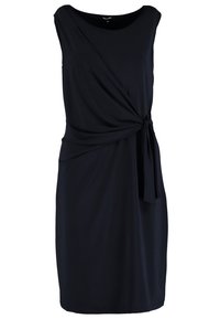Robe sans manches de couleur bleu marine foncé avec un design enveloppant, présentant un détail de nœud sur le côté et une texture de tissu lisse pour une silhouette épurée.