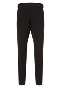 Schwarze, maßgeschneiderte Hose mit geradem Bein, aus einem glatten Stoff, mit einem einzigen Knopfverschluss und einem mit Rot gefütterten Bund.