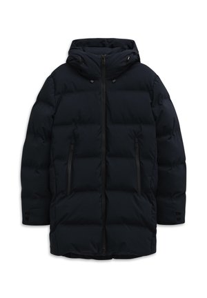 Langer schwarzer Daunenmantel mit Kapuze, Frontreißverschluss, zwei seitlichen Reißverschlusstaschen und verstellbaren Bündchen.