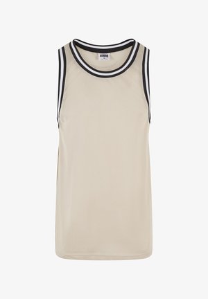 Débardeur en maille beige avec un liseré noir et blanc au niveau du cou et des emmanchures. Il présente une coupe décontractée et une texture respirante.