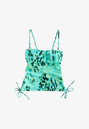 Turkis tanktop med justerbare spaghettistropper, dyreprint og sidelommer til rynkeeffekt.