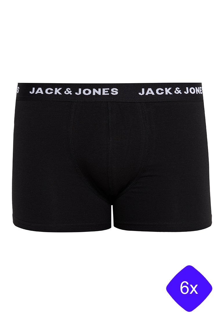 Schwarze Boxershorts aus dehnbarem Material, mit einem breiten elastischen Bund, auf dem "JACK & JONES" in Weiß gedruckt ist. Sechserpack.
