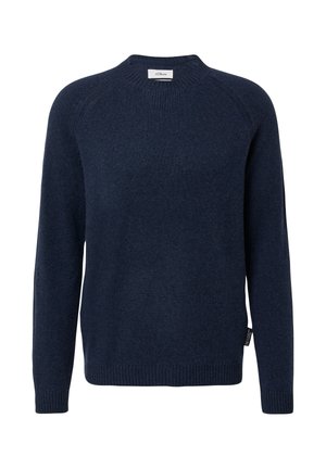 Mornarsko modra dolga majica s ponudno ovratnikom, z rebrastimi manšetami, robom in majhnimi tkaninskimi oznakami blagovne znamke na ovratniku in stranskem šivu.