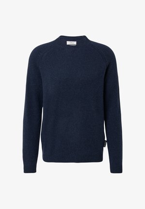 Pull-over bleu marine à manches longues avec col rond, poignets et ourlet côtelés, et petites étiquettes de marque en tissu sur le col et la couture latérale.