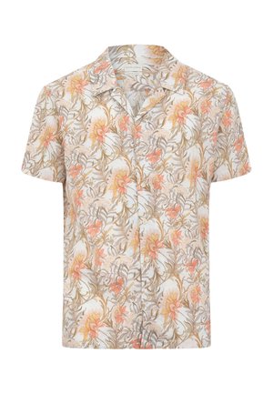 Koszula z krótkim rękawem na guziki, z kwiatowym wzorem w odcieniach pomarańczowego, żółtego i beżowego na białym tle.