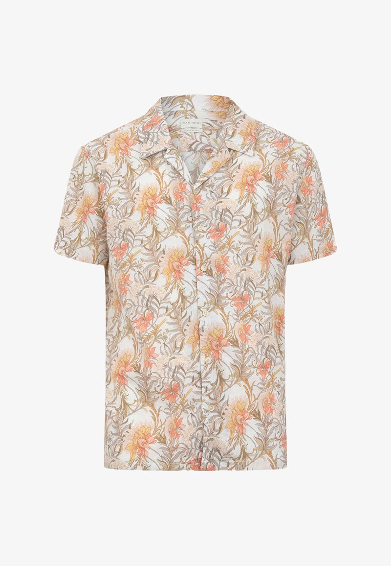 Kurzärmeliges Hemd mit Knöpfen und einem Blumenmuster in Orange-, Gelb- und Beigetönen auf weißem Hintergrund.