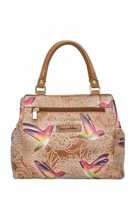 Braune Lederhandtasche mit bunten Kolibri-Designs, floralen Mustern, goldenem Beschlag und einem Obergriff zum Tragen.