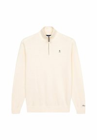 Suéter de color crema con un cuello alto, cierre de media cremallera y puños acanalados. Presenta un pequeño logo en el pecho y una tela texturizada.