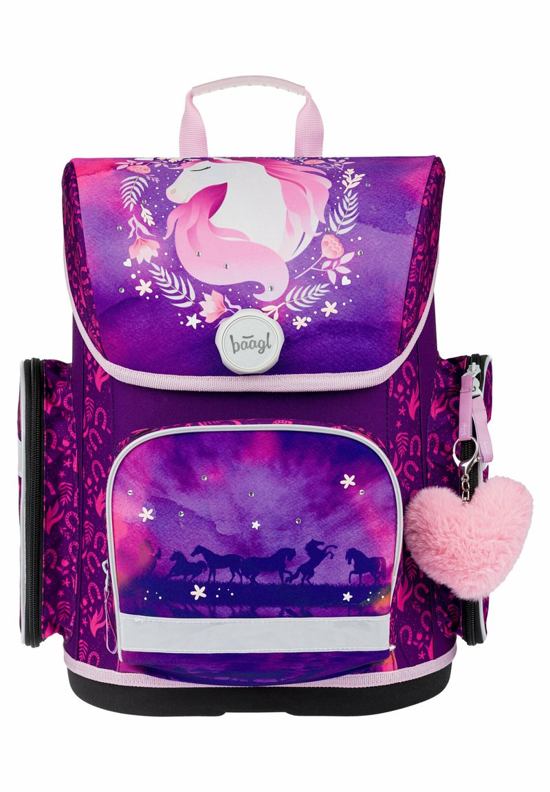 Zaino viola con design di unicorno, fiori decorativi, accenti scintillanti, una tasca frontale con silhouette di cavalli e un portachiavi con pom-pom rosa.