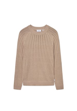Beige geribde gebreide trui met lange mouwen, ronde hals en subtiele zijlogo-tag. Kenmerkt zich door een geweven patroon en aansluitende manchetten.