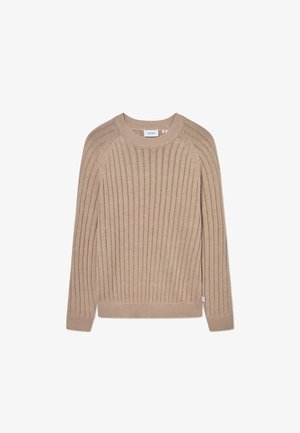 Beige ribbestrikket genser med lange ermer, rund hals og subtilt sidemerke. Den har et teksturert mønster og tettsittende mansjetter.