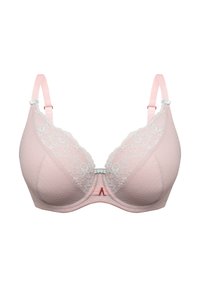 Jasnoróżowy biustonosz z koronkowymi detalami na górze, teksturowany materiał, regulowane ramiączka i subtelny akcent w postaci logo na środku.