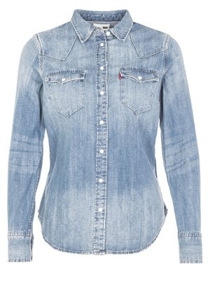 Light blue faded denim long-sleeve button-up shirt with two chest pockets and a pointed collar.