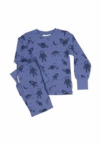 Blue long-sleeve pajama set features a dark astronaut and spaceship pattern against a solid blue background. Soft cotton material. Elastic cuffs.