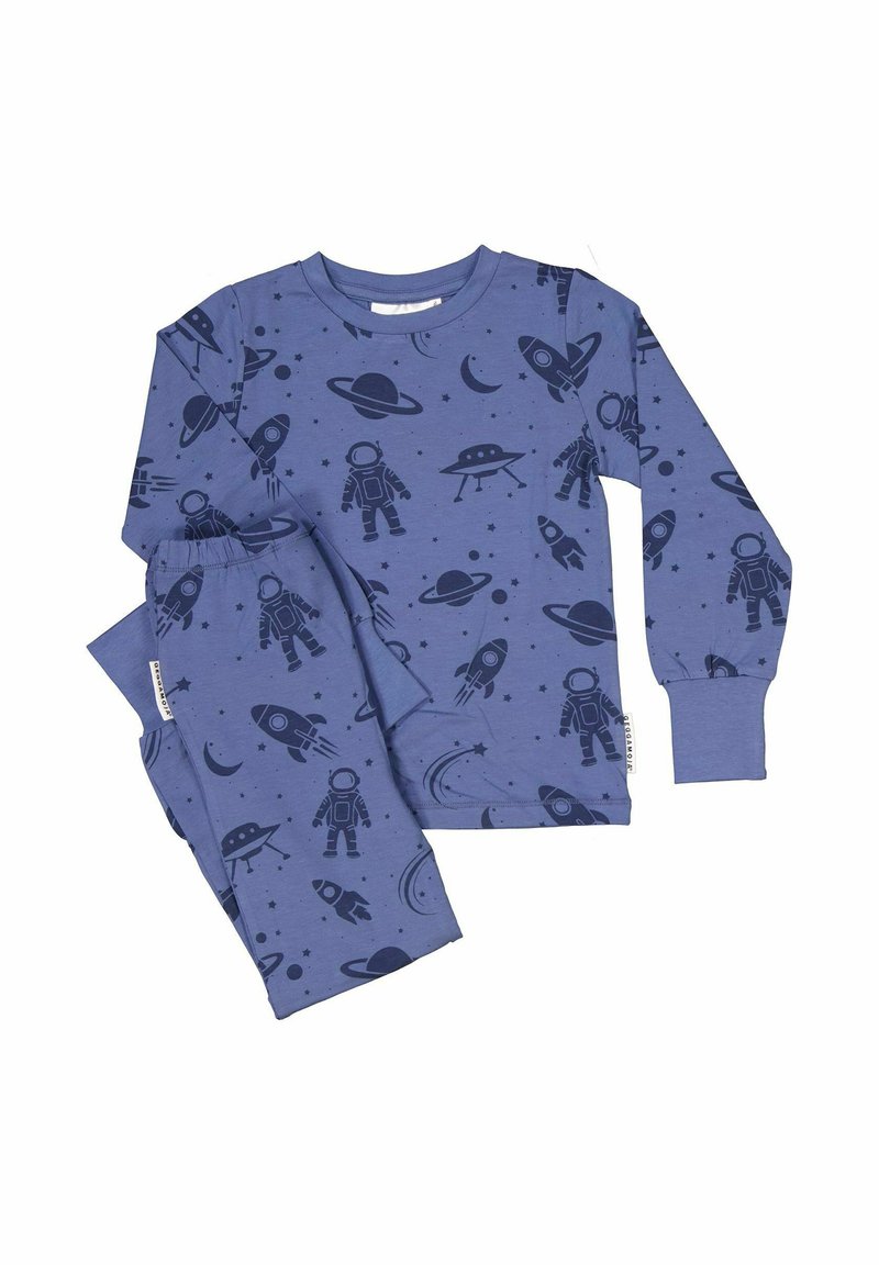 Blue long-sleeve pajama set features a dark astronaut and spaceship pattern against a solid blue background. Soft cotton material. Elastic cuffs.