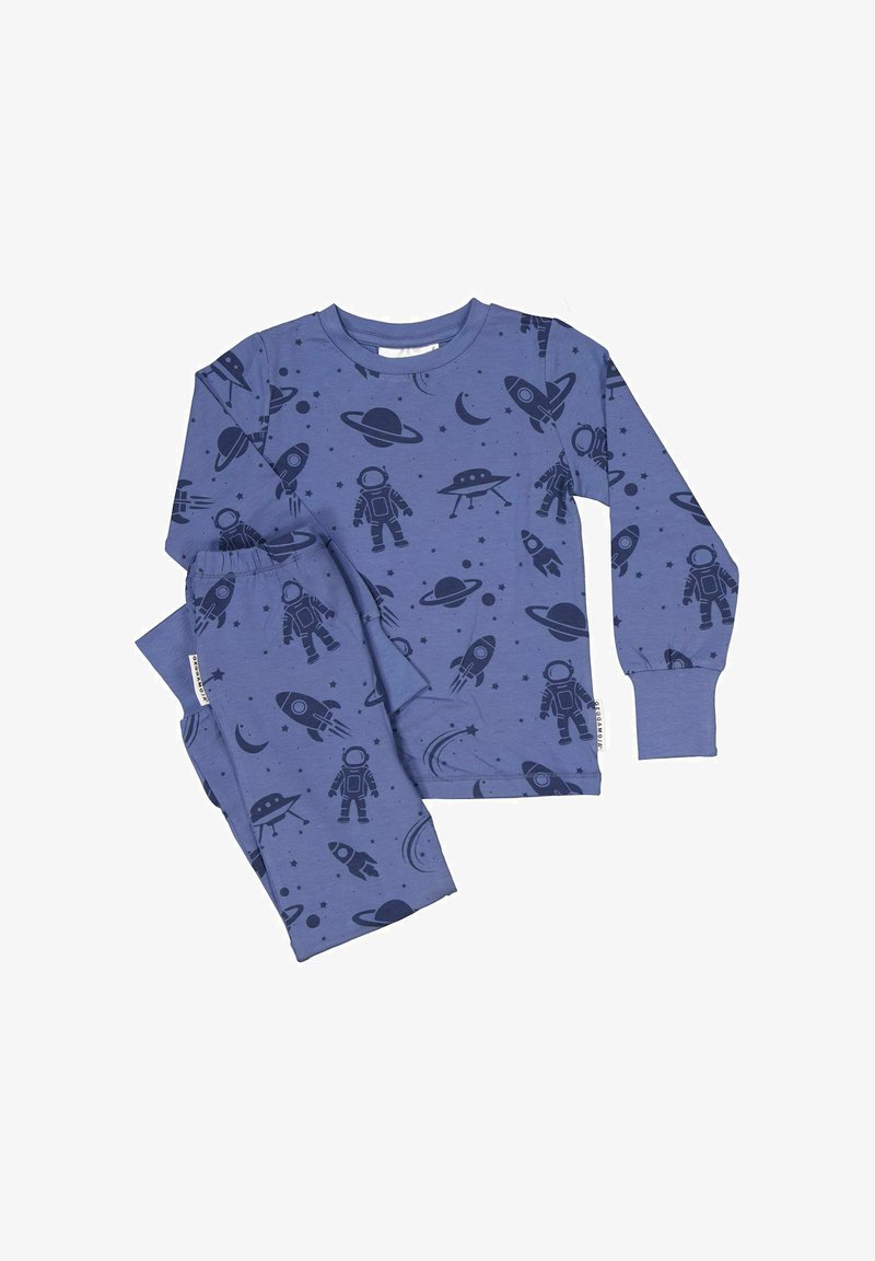 Blue long-sleeve pajama set features a dark astronaut and spaceship pattern against a solid blue background. Soft cotton material. Elastic cuffs.