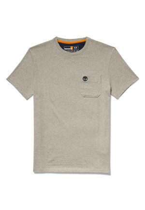 Beige short-sleeve crew neck t-shirt with front pocket featuring a small black Timberland tree logo on a white background.